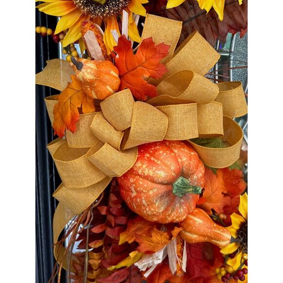Harvest Fall Wreath with Sunflower's, Leaves and Pumpkins - Picture 3 of 6